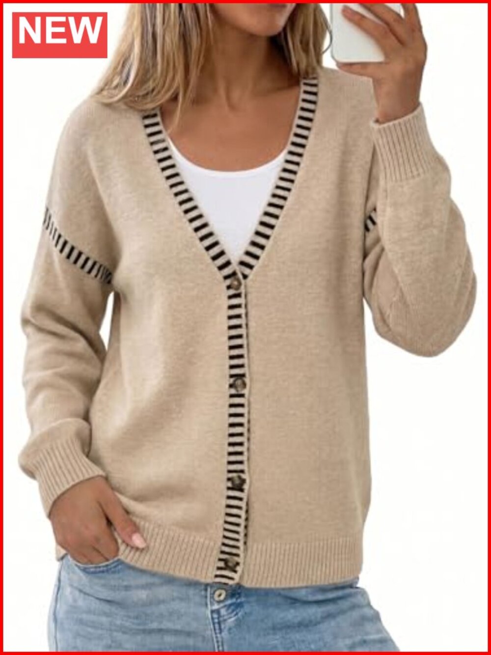 Oversized Cardigan Sweater V-Neck Button Front Long Sleeve Stripe Trim Ribbed
